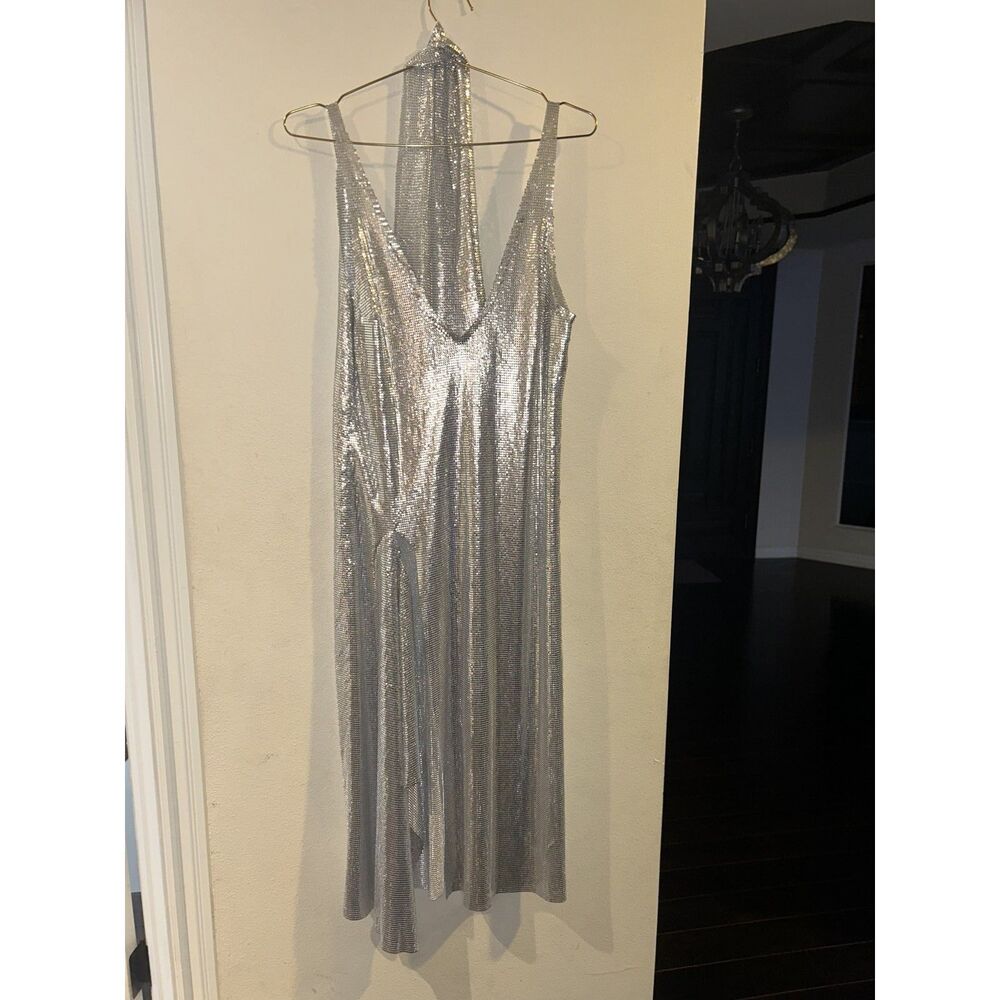 NWT Silver Metallic Chainmail Mesh Dress with Fringe Skirt Party Dress EZILI